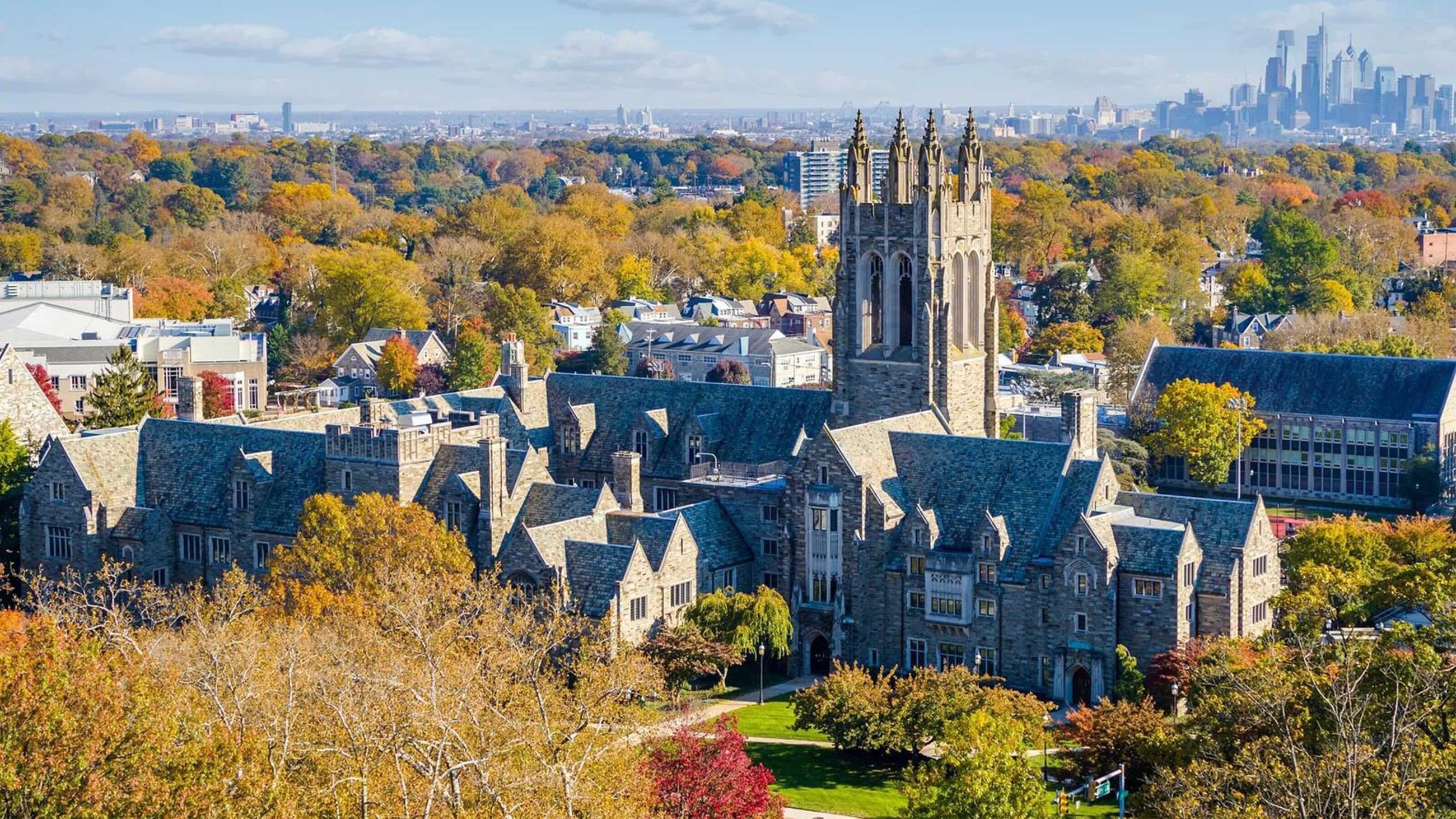 Aerial view of Saint Joseph's University's campus in the fall